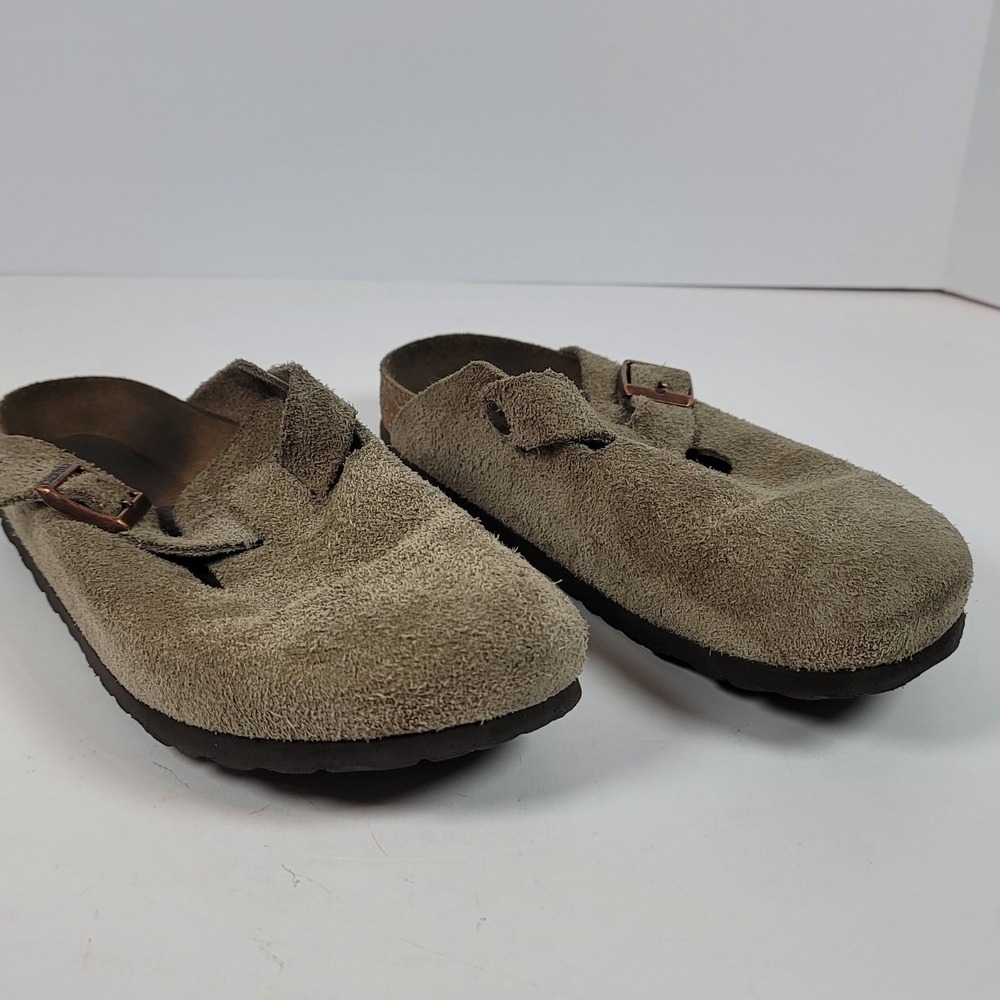 Birkenstock Boston Suede Clogs Taupe Brown Size 39 L8 M6 Soft Footbed Sandals
